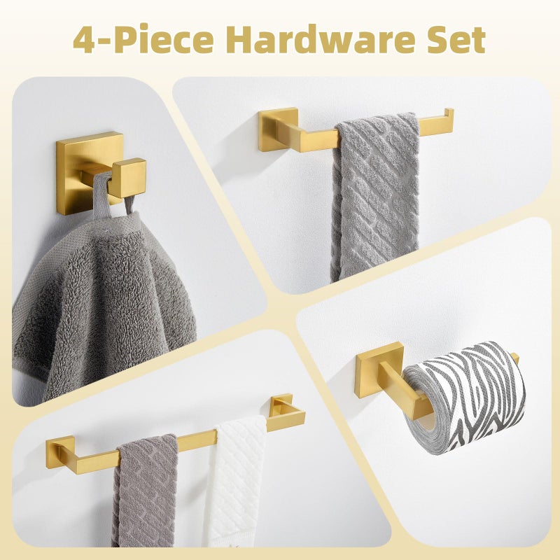 Angle Simple Bathroom Hardware Set 4-Piece, Angle Simple SUS304 Stainless Steel Bath Accessory Kit, Bathroom Fixture Set with Robe Hook, Toilet Paper Holder, Towel Holder and Towel Bar Brassy Gold - Image 3